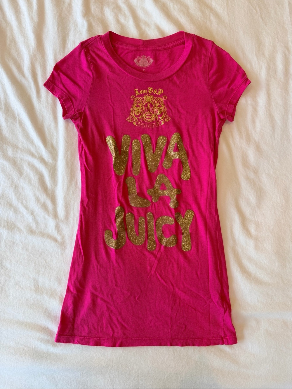 Juicy Couture Hot Pink Tee with Gold Glitter "Viva La Juicy" Size Petite/XS - Picture 2 of 4